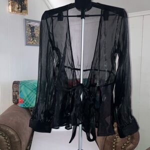 Sheer Black Tie-Front Blouse